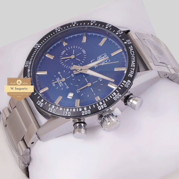 CHRONOGRAPH COLLECTION SILVER WITH BLUE DAIL MAT BAZEL CHAIN WATCH