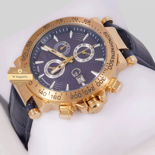 CHRONOGRAPH COLLECTION GOLD WITH BLUE DAIL & LEATHER STRAP WATCH