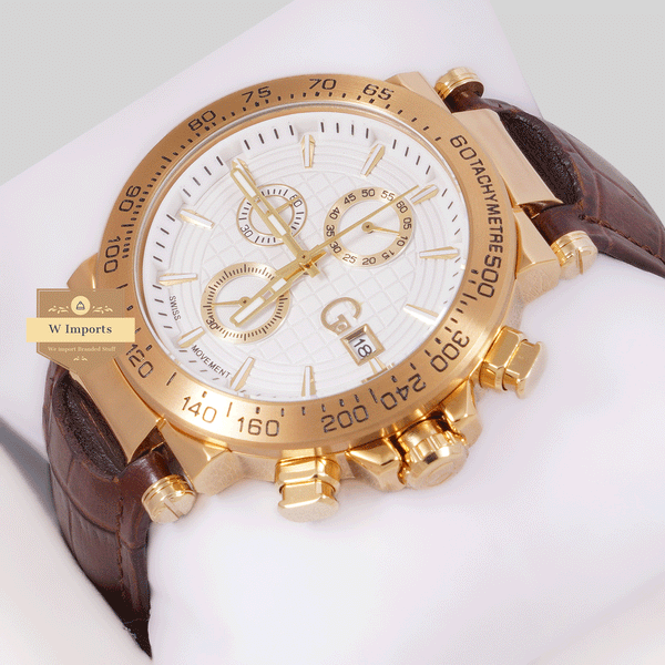 CHRONOGRAPH COLLECTION GOLD WITH WHITE DAIL & LEATHER STRAP WATCH