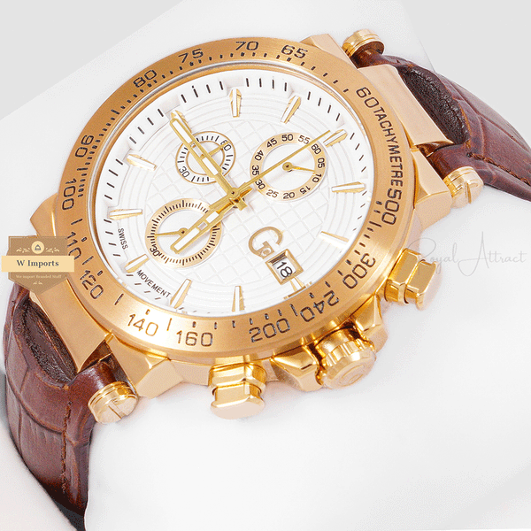 CHRONOGRAPH COLLECTION GOLD WITH WHITE DAIL & LEATHER STRAP WATCH