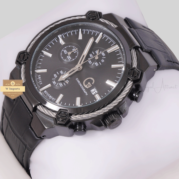 NEW CHRONOGRAPH COLLECTION ALL BLACK WITH BLACK DAIL & LEATHER STRAP WATCH