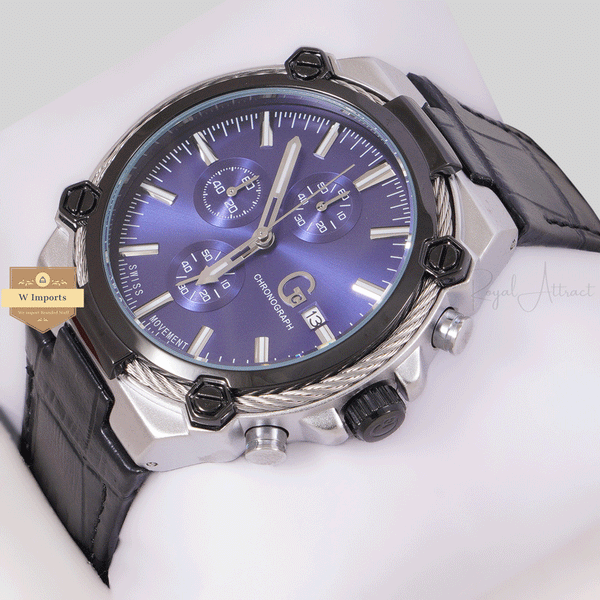 NEW CHRONOGRAPH COLLECTION TWO TONE SILVER BLACK WITH BLUE DAIL & LEATHER STRAP WATCH