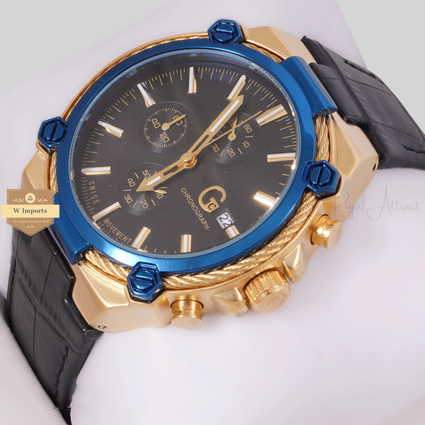 NEW CHRONOGRAPH COLLECTION GOLD RING BLUE WITH BLACK DAIL & LEATHER STRAP WATCH