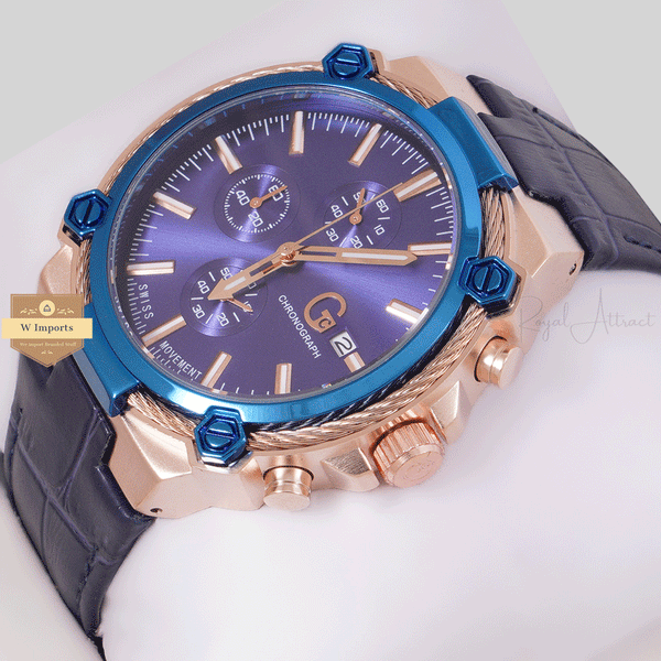 NEW CHRONOGRAPH COLLECTION ROSE GOLD BLUE RING WITH BLUE DAIL & LEATHER STRAP WATCH