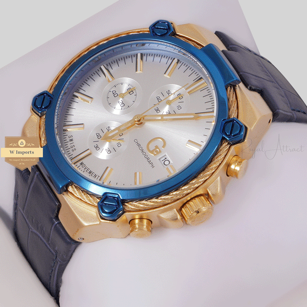NEW CHRONOGRAPH COLLECTION GOLD BLUE RING WITH SILVER DAIL & LEATHER STRAP WATCH