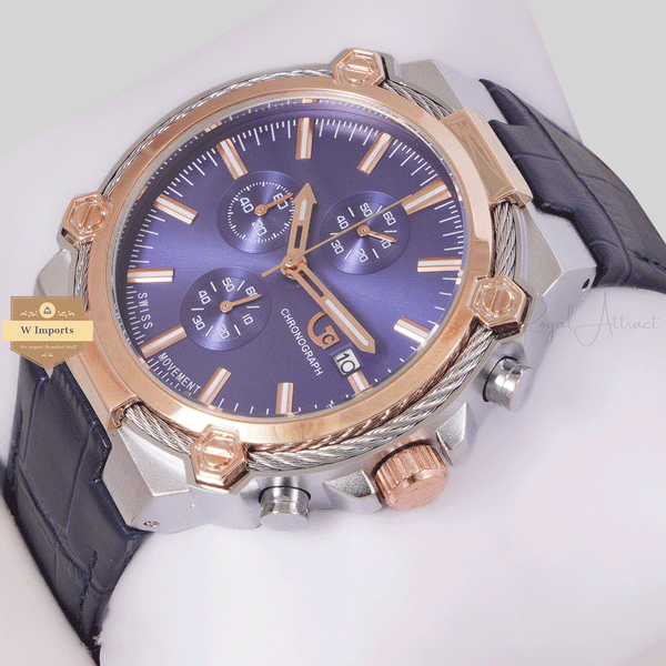 NEW CHRONOGRAPH COLLECTION SILVER ROSE GOLD RING WITH BLUE DAIL & LEATHER STRAP WATCH