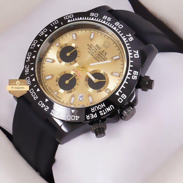 NEW LATEST CHRONOGRAPH COLLECTION ALL BLACK WITH GOLD DAIL & SILICON STRAP WATCH