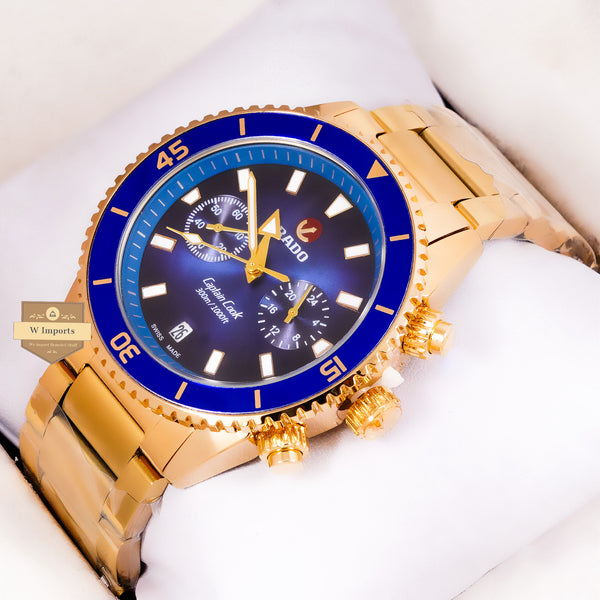 NEW LATEST CHRONOGRAPH COLLECTION YELLOW GOLD WITH BLUE DAIL & CHAIN WATCH