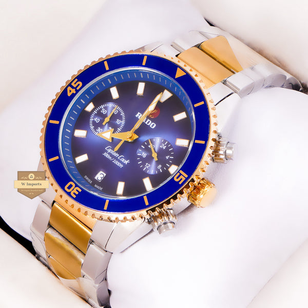 NEW LATEST CHRONOGRAPH COLLECTION TWO TONE YELLOW GOLD WITH BLUE DAIL & CHAIN WATCH