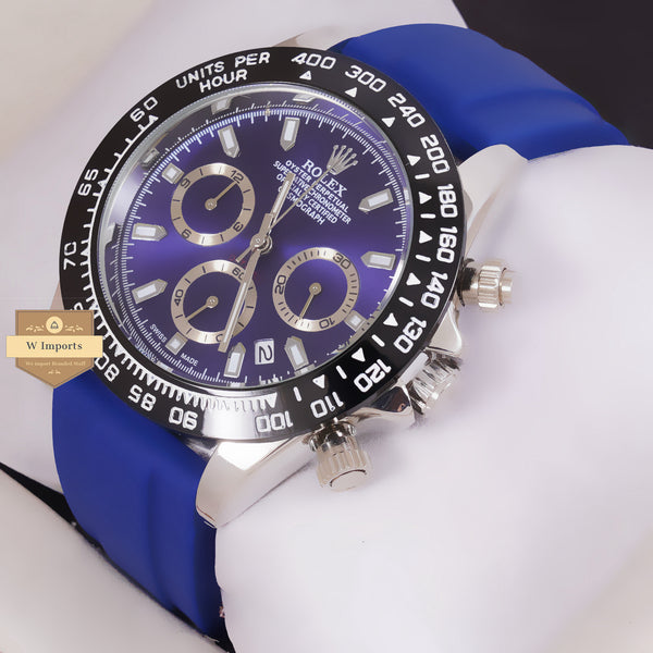 NEW LATEST CHRONOGRAPH COLLECTION SILVER WITH BLUE DAIL & SILICON STRAP WATCH