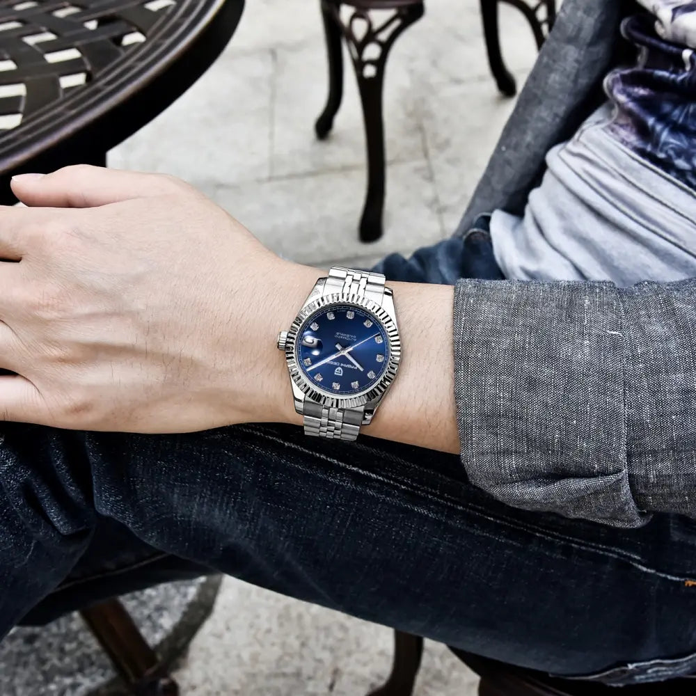 PAGANI DESIGN MEN'S WATCH STAINLESS STEEL AUTOMATIC JUBILEE CHAIN STONED BLUE DAIL WATCH SKU-1645