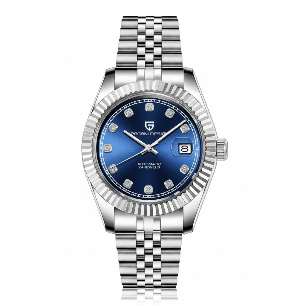 PAGANI DESIGN MEN'S WATCH STAINLESS STEEL AUTOMATIC JUBILEE CHAIN STONED BLUE DAIL WATCH SKU-1645
