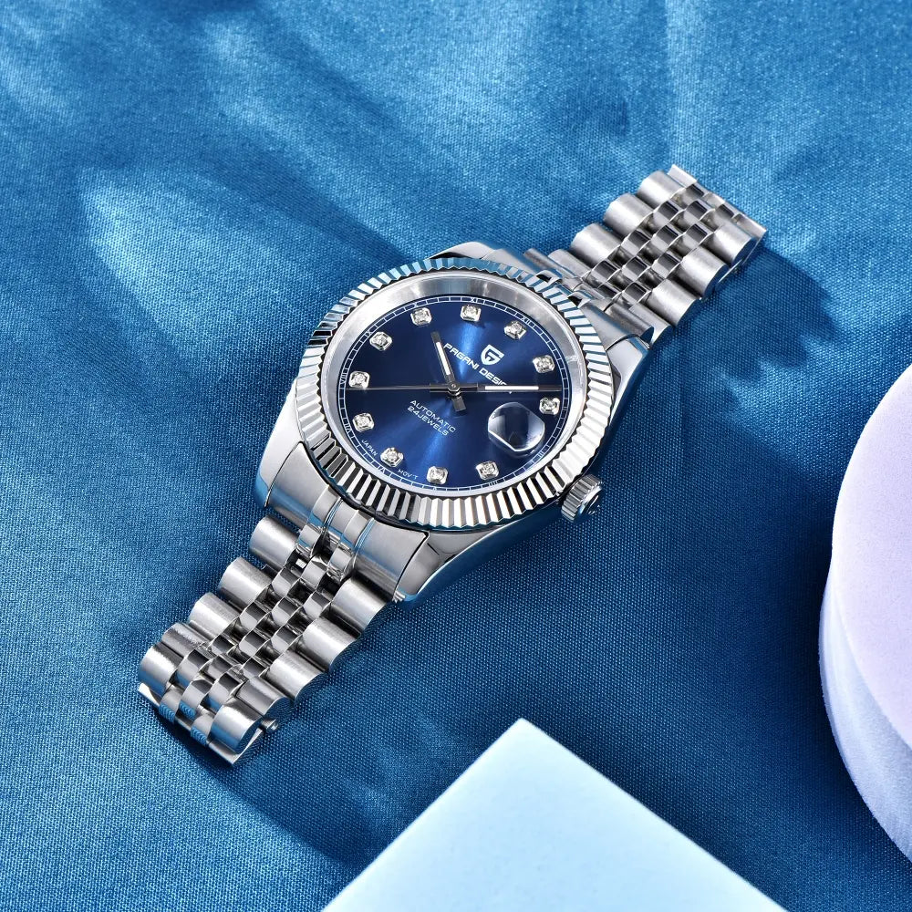PAGANI DESIGN MEN'S WATCH STAINLESS STEEL AUTOMATIC JUBILEE CHAIN STONED BLUE DAIL WATCH SKU-1645