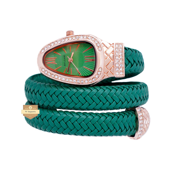 NEW LATEST COLLECTION SNAKE STYLE ROSE GOLD WITH GREEN LADIES WATCH
