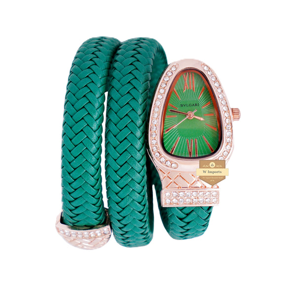 NEW LATEST COLLECTION SNAKE STYLE ROSE GOLD WITH GREEN LADIES WATCH