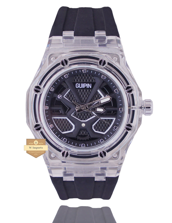 GUIPIN ORIGINAL NEW LATEST COLLECTION TRANSPARENT CASE WITH BLACK DIAL STRAP WATCH