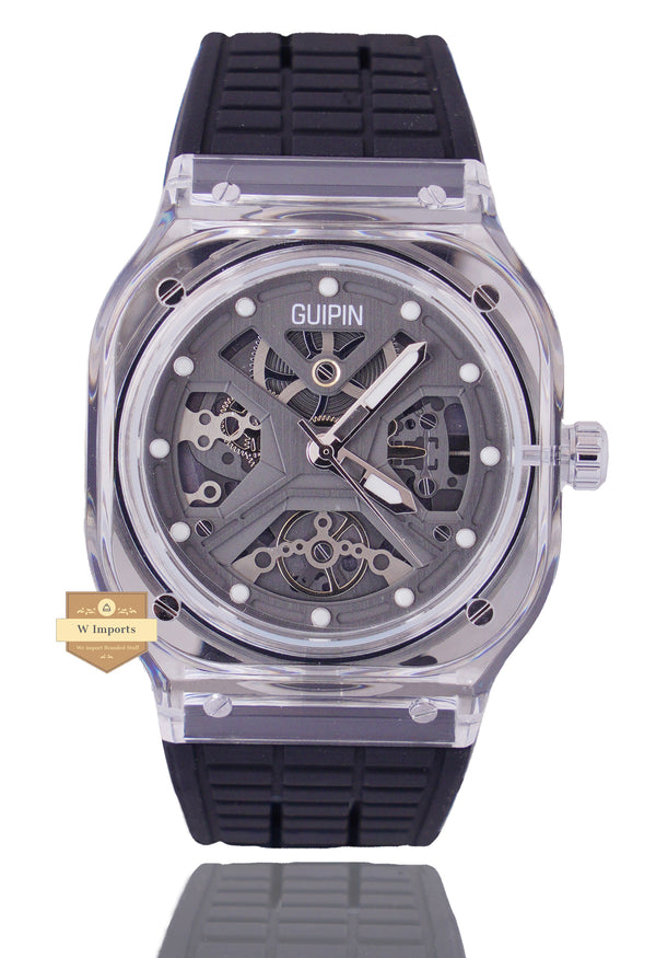 GUIPIN ORIGINAL NEW LATEST COLLECTION TRANSPARENT CASE WITH GREY DIAL STRAP WATCH