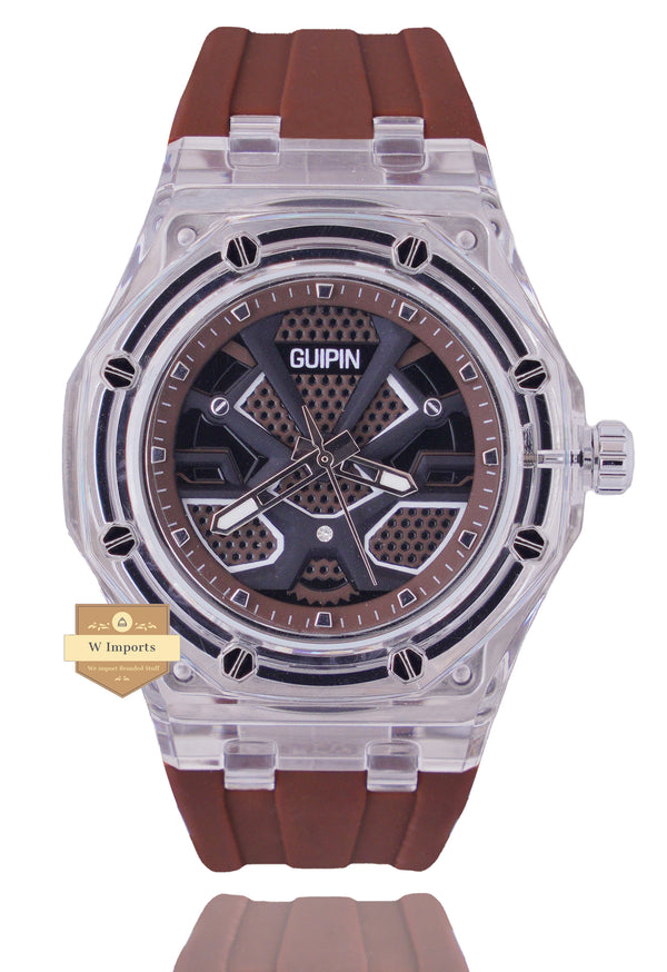 GUIPIN ORIGINAL NEW LATEST COLLECTION TRANSPARENT CASE WITH BROWN DIAL STRAP WATCH