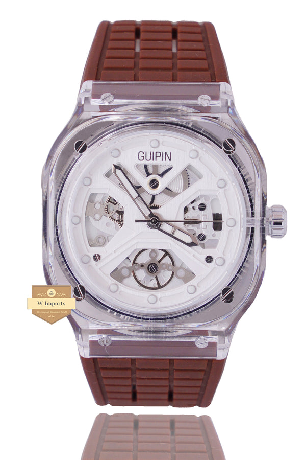 GUIPIN ORIGINAL NEW LATEST COLLECTION TRANSPARENT CASE WITH WHITE DIAL STRAP WATCH