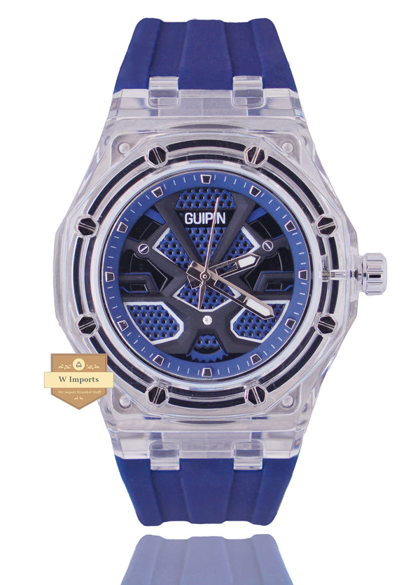 GUIPIN ORIGINAL NEW LATEST COLLECTION TRANSPARENT CASE WITH BLUE DIAL STRAP WATCH
