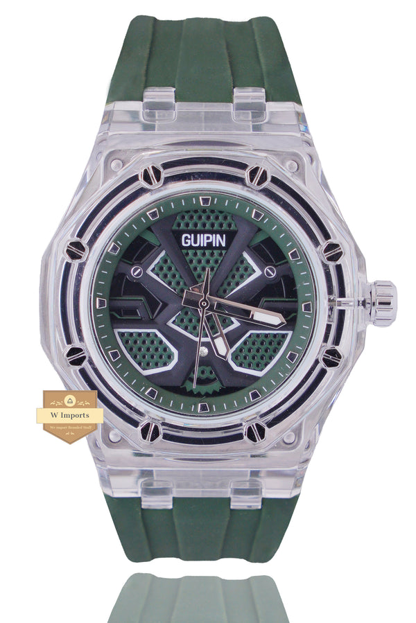 GUIPIN ORIGINAL NEW LATEST COLLECTION TRANSPARENT CASE WITH GREEN DIAL STRAP WATCH