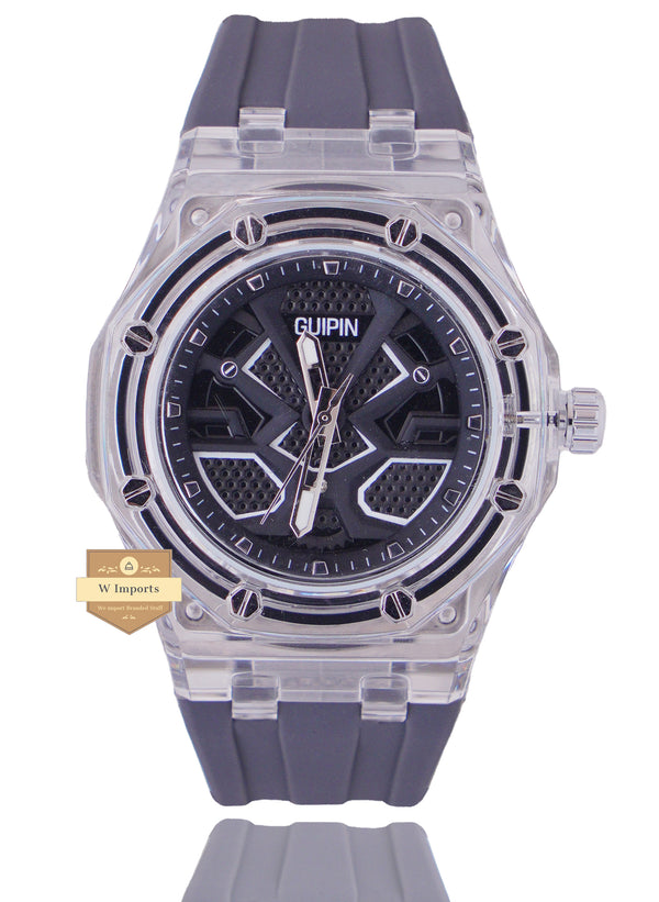 GUIPIN ORIGINAL NEW LATEST COLLECTION TRANSPARENT CASE WITH BLACK DIAL STRAP WATCH