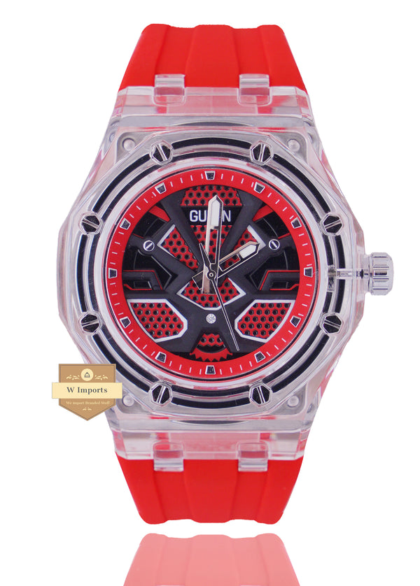 GUIPIN ORIGINAL NEW LATEST COLLECTION TRANSPARENT CASE WITH RED DIAL STRAP WATCH
