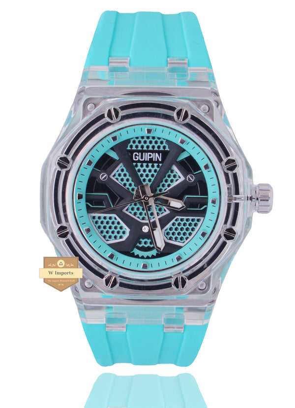 GUIPIN ORIGINAL NEW LATEST COLLECTION TRANSPARENT CASE WITH TIFFANY BLUE DIAL STRAP WATCH