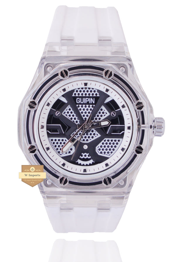GUIPIN ORIGINAL NEW LATEST COLLECTION TRANSPARENT CASE WITH BLACK DIAL STRAP WATCH