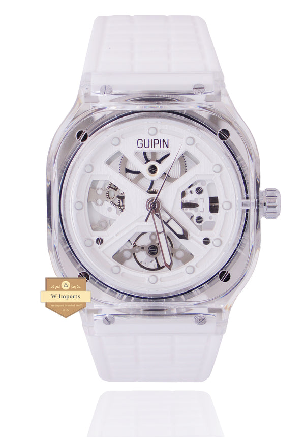 GUIPIN ORIGINAL NEW LATEST COLLECTION TRANSPARENT CASE WITH WHITE DIAL STRAP WATCH