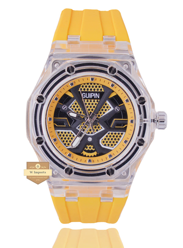 GUIPIN ORIGINAL NEW LATEST COLLECTION TRANSPARENT CASE WITH BLACK DIAL STRAP WATCH