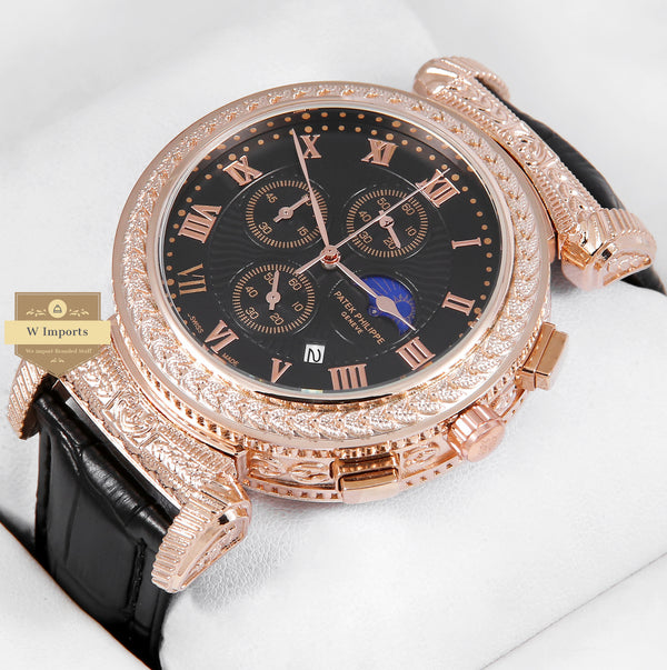 LATEST COLLECTION ROSE GOLD CASE DUAL DIAL FACE BLACK /WHITE WITH LEATHER STRAP