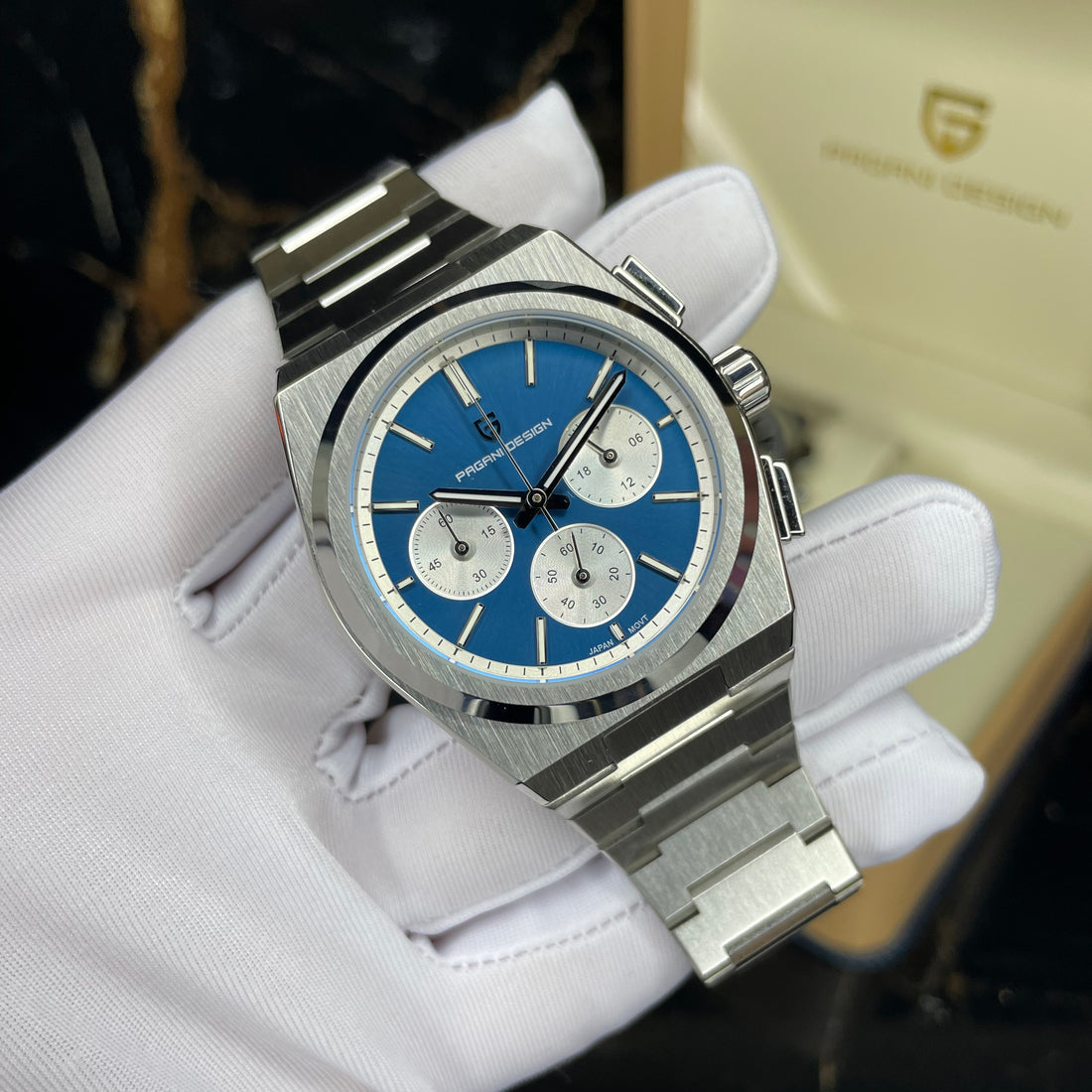 PAGANI DESIGN MEN'S CHRONGRAPH SILVER STAINLESS STEEL JAPANEES QUARTZ MOVEMENT BLUE DAIL CHAI WATCH SKU-PD1761