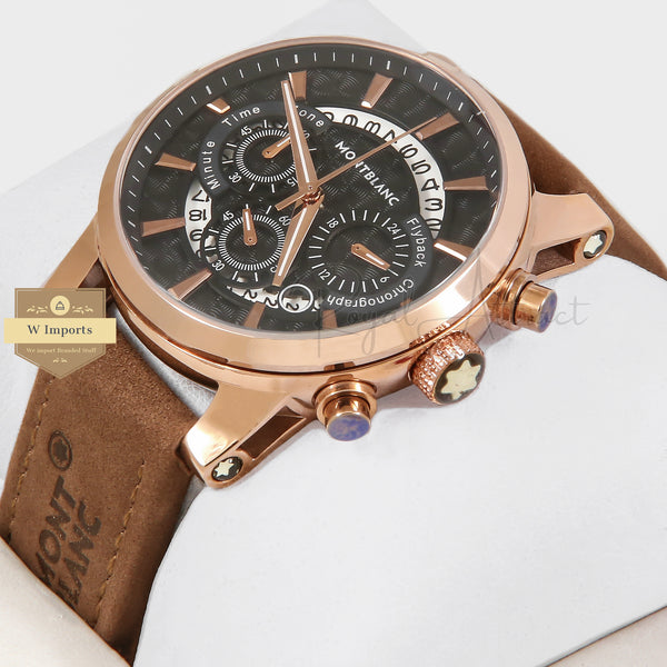 Latest Collection Chronograph Rose Gold Case With Black Dial & Camel Brown Strap