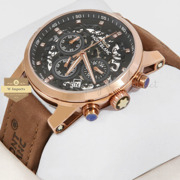 Latest Collection Chronograph Rose Gold Case With Black Dial & Camel Brown Strap