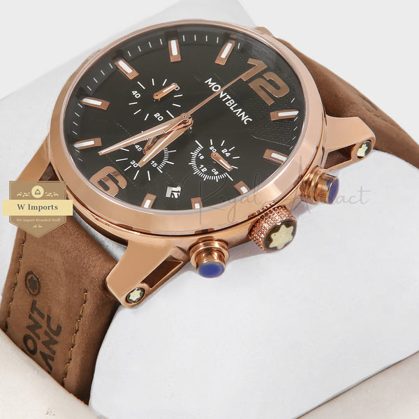 Latest Collection Chronograph Rose Gold Case With Black Dial & Camel Brown Strap