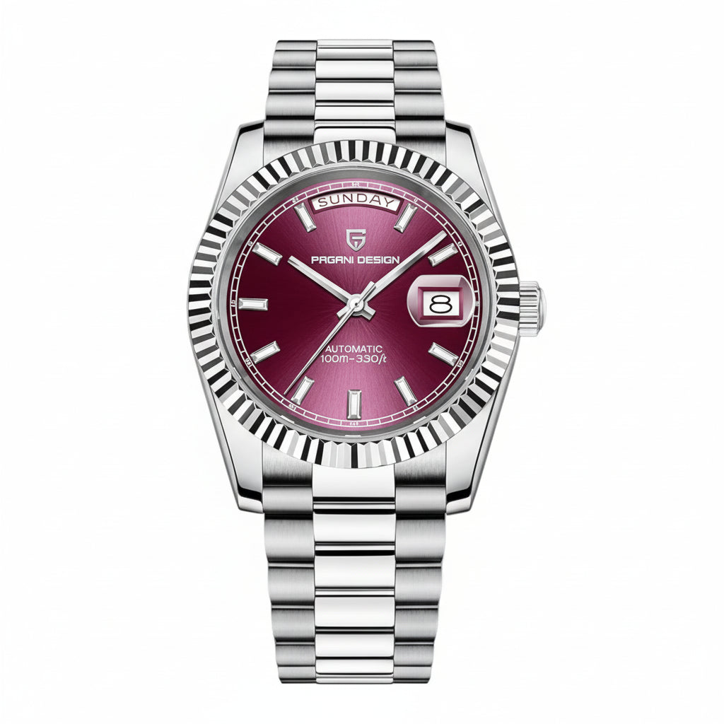 PAGANI DESIGN MEN'S DAYNDATE 40MM PRESIDENT SILVER STAINLEES STEEL WITH RED CHEERY DAIL AUTOMATIC CHAIN WATCH SKU-PD1783