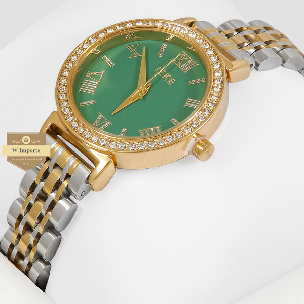 Latest Collection IEKI Two Tone Yellow Gold With Green Dial & Stone Bezel Ladies Watch