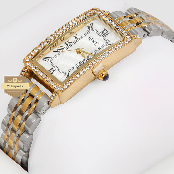 Latest Collection IEKI Two Tone Yellow Gold With White Dial & Stone Bezel Ladies Watch