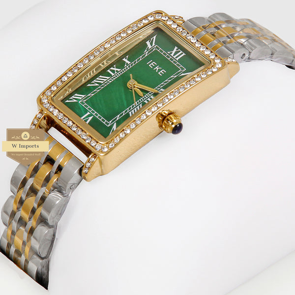 Latest Collection IEKI Two Tone Yellow Gold With Green Dial & Stone Bezel Ladies Watch