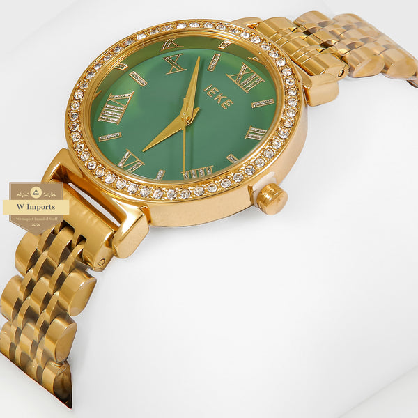 Latest Collection IEKI Yellow Gold With Green Dial & Stone Bezel Ladies Watch