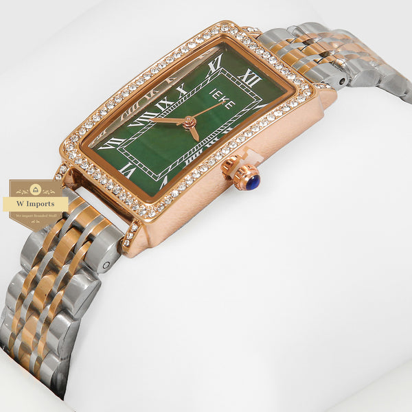Latest Collection IEKI Two Tone Rose Gold With Green Dial & Stone Bezel Ladies Watch