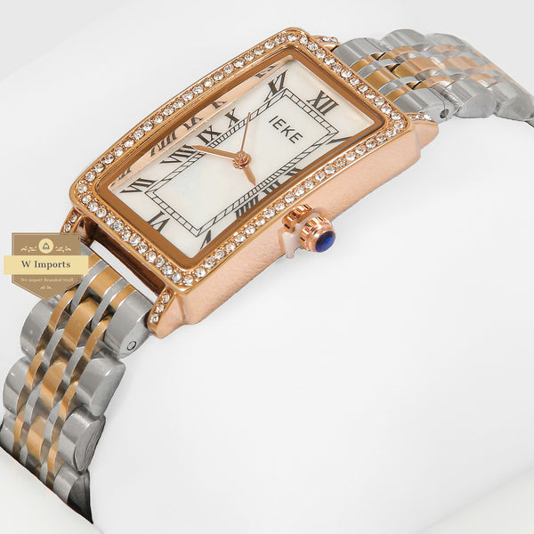 Latest Collection IEKI Two Tone Rose Gold With White Dial & Stone Bezel Ladies Watch