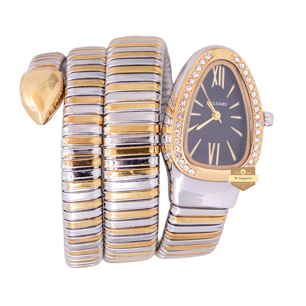 NEW LATEST COLLECTION SNAKE STYLE TWO TONE YELLOW GOLD SILVER WITH BLACK DIAL LADIES CHAIN WATCH