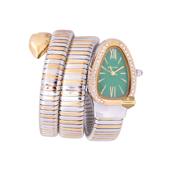 NEW LATEST COLLECTION SNAKE STYLE YELLOW GOLD SILVER WITH GREEN DIAL LADIES CHAIN WATCH