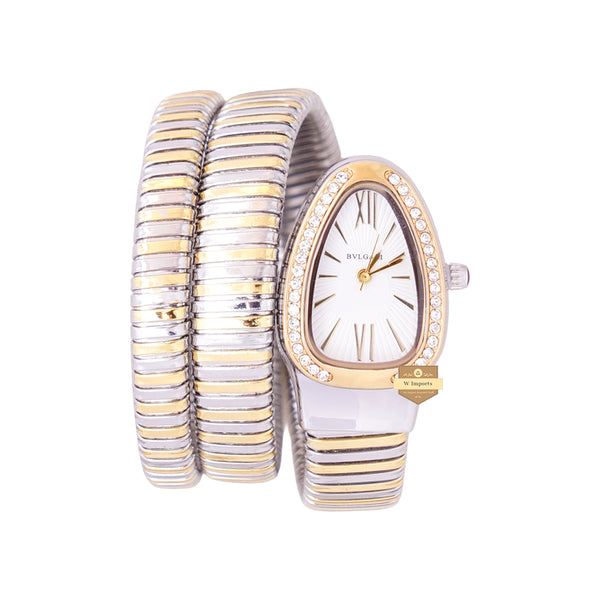 NEW LATEST COLLECTION SNAKE STYLE TWO TONE YELLOW GOLD SILVER WITH WHITE DIAL LADIES CHAIN WATCH