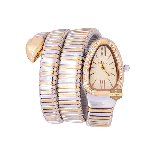 NEW LATEST COLLECTION SNAKE STYLE TWO TONE YELLOW SILVER WITH YELLOW LADIES CHAIN WATCH