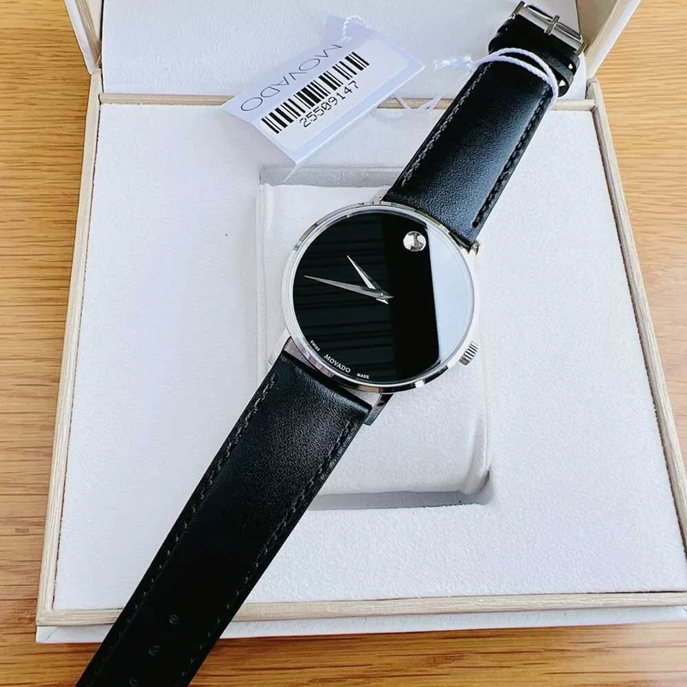 Movado Men’s Swiss Made Quartz Black Leather Strap Blue Dial 40mm Watch 0607312