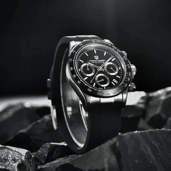PAGANI DESIGN MEN'S WATCH CHRONOGRAPH SILVER STAINLESS STEEL BLACK DAIL BLACK SILICON STRAP WATCH SKU-PD-1664