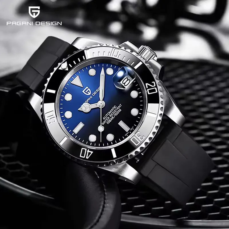 PAGANI DESIGN MEN'S WATCH AUTOMATIC SILVER STAINLESS STEEL BLACK & BLUE DAIL CHAIN WATCH SKU-PD-1651